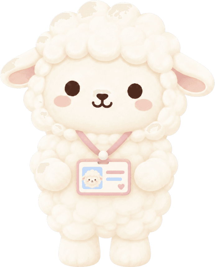 Wooly, a fluffy cream-coloured sheep standing upright and wearing a pink ID badge